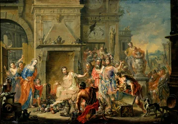Roma antigua: "Manius Curius Dentatus (mort en 270 av JC) rehusant les presents des Samnites"". Manius Curius Dentatus rechazando los sobornos de los samnitas - Óleo sobre cobre de Johann Georg Platzer (1704-1761) - Galería de arte estatal, Dresde