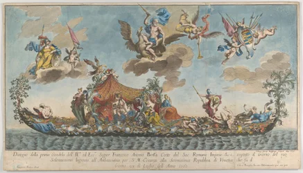 La primera góndola altamente ornamentada de Francesco Antonio Berka entrando en Venecia, 1700