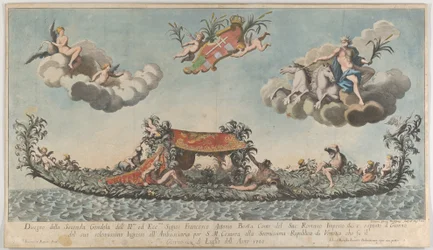 La segunda góndola altamente ornamentada de Francesco Antonio Berka entrando en Venecia, 1700