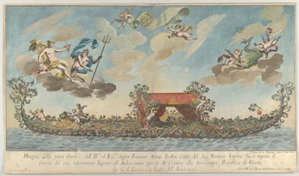 La tercera góndola altamente ornamentada de Francesco Antonio Berka entrando en Venecia, Dioses en cl..., 1700
