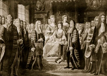 Presentación de los Artículos de la Unión a la reina Ana, 1706, ilustración de «Historia de la nación británica de Hutchinson», hacia 1923