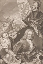 Busto del pintor Georg Philipp Rugendas con escena de batalla al fondo