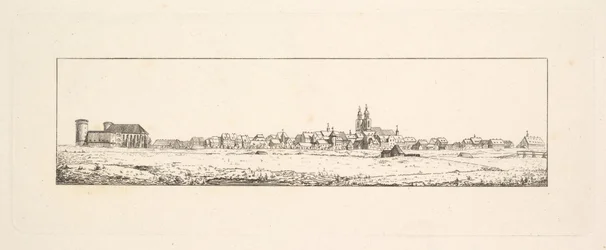 Vista de una ciudad vieja con una iglesia y casas de tejados altos