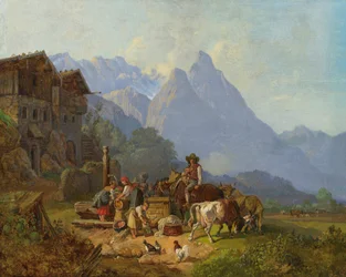 Heinrich Bürkel Pueblo de montaña con fuente c1845