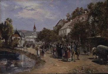 Procesión en una calle de un pueblo en Austria