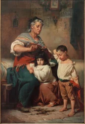 Abuela cortando el pelo a sus nietos