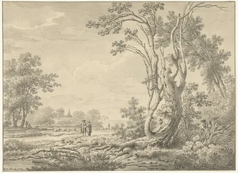 Paisaje del sur con castillo, ganado y caminantes