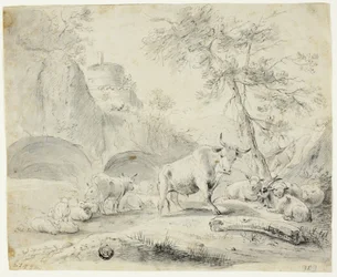 Paisaje con pastor y ovejas, cabra, ganado