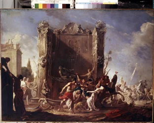 El rapto de las sabinas. Pintura de Johann Heinrich Schoenfeld (1609-1684). Óleo sobre lienzo, 98,5 x 134 cm, hacia 1630-1640. Arte alemán, arte barroco. Museo del Hermitage, San Petersburgo.