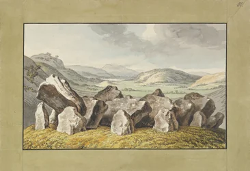 Un círculo de piedras prehistórico en un montículo, un paisaje extenso más allá, mediados del siglo XVIII-principios del siglo XIX