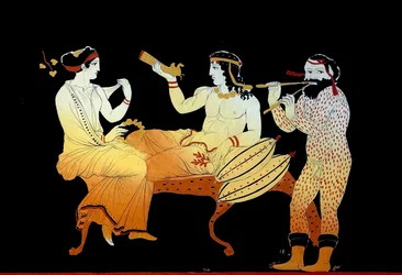 Dionisio asistido por una Ménade y un sátiro tocando un Aulos c.1796 (Grabado en placa de cobre)