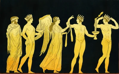 La diosa Nike otorgando la banda de la victoria a tres ganadores coronados con laurel c.1796
