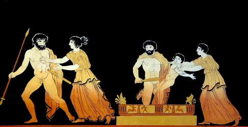 escena clásica que se cree que son soldados que amenazan la vida de Astyanax mientras su madre Andrómaca intenta protegerlo c.1796 (grabado en placa de cobre)