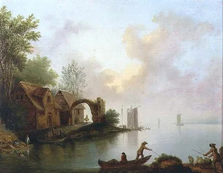 Paisaje fluvial arbolado con barqueros