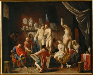 Estudio de un artista con cinco modelos femeninas (pintura sobre lienzo)