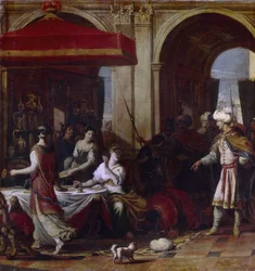 La fiesta de Ester. Ester (Hadasa bat Avihail) esposa de Asuero, rey de Persia (Jerjes I, 519-465 a.C.), tras el decreto de exterminio de los judíos del reino por parte del visir Amán, invita a los dos hombres a un banquete donde
