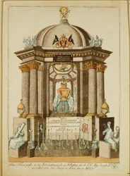 Monumento funerario (Castrum Doloris) erigido por los ciudadanos de Viena para la misa de réquiem por el Emperador (grabado)