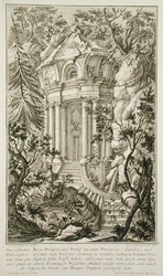 Templo en un jardín, grabado por Jacob Andreas Fridrich