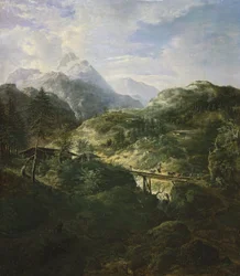Paisaje de montaña con un puente.