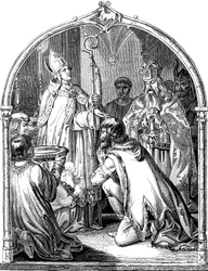 Bautismo del caudillo sajón Viduquindo. Ilustración de Geschichte des deutschen Volkes, de E. Duller, 1840