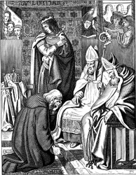 Luis el Piadoso haciendo penitencia en Attigny en 822. Ilustración de la Geschichte des deutschen Volkes de E. Duller, 1840