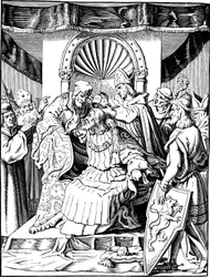 La abdicación del emperador Enrique IV en Ingelheim Ilustración de la Geschichte des deutschen Volkes por E. Duller, 1840