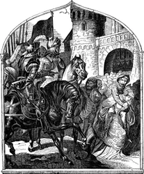 El asedio del castillo de Weinsberg y las mujeres leales 1140 Ilustración de la Geschichte des deutschen Volkes por E. Duller