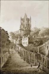 Escaleras del Mercado y campanario de la catedral