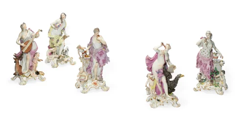 Cinco figuras de Meissen emblemáticas de los sentidos, c.1765 (porcelana)