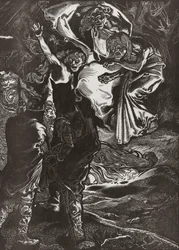Macbeth y Banquo se encuentran con las tres brujas, siglo XX (grabado)
