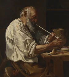Viejo campesino encendiendo una pipa, c.1660 (óleo sobre lienzo)