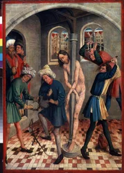 La flagelación de Cristo. Los hombres hacen la corona de espinas mientras otros azotan a Jesús atado a la columna, con diferentes látigos. Pintura de Johann Koerbecke (entre 1415 y 1491), antes de 1457. Témpera sobre madera. Arte alemán