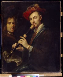 Flautista (flautista). Retratos de un músico y un actor. Pintura de Jan o Johann Kupetzki (Kupecky, Kupezky, Kupetzky, Kupecki, Kopecki