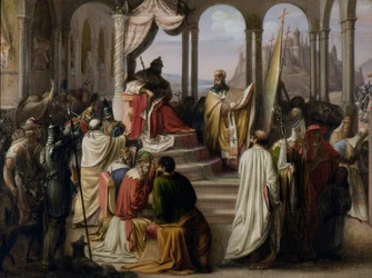 El príncipe Vladimir elige una religión en 988, una disputa religiosa en la corte rusa, 1822