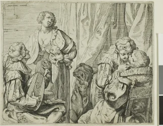 Interior con dos parejas de amantes y un tonto