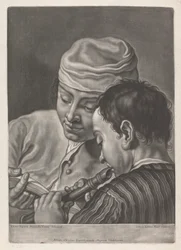 Retrato de dos hombres, uno tocando la flauta dulce