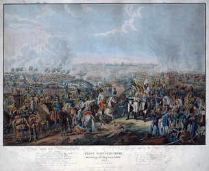 Batalla de Leipzig (Batalla de las Naciones), en octubre de 1813. El mariscal de campo austríaco Schwarzenberg (1771-1820) anuncia la victoria de los aliados en la batalla de Leipzig al emperador germánico Francisco II (= Francisco I de Austria; 1768