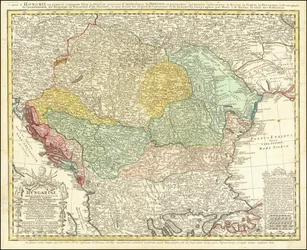 Mapa de 1744 de la península de los Balcanes centrado en el Reino de Hungría por Johann Matthias Hase