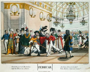 Baile de máscaras de carnaval ruso, ilustración de calendario para febrero, publicado en Núremberg, ca. 1830