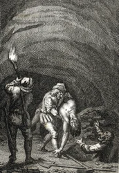 Muerte de Guillermo II de Holanda asesinado por los frisones, que lo enterraron en secreto bajo el suelo de una casa Grabado de Johann Michael Mettenleiter (1765-1853) 1800 Colección privada