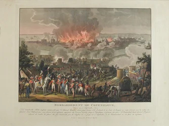 Bombardeo de Copenhague, 2-5 de septiembre de 1807, aguafuerte coloreado por y después de J. Laurent Rugendas, publicado por J. Laurent Rugendas, Augsburgo, 1807