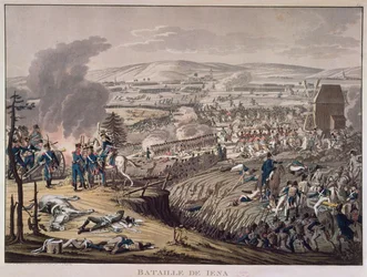 La batalla de Jena, con los pueblos de Klein-Romstedt, Hermstedt y Stobra al fondo