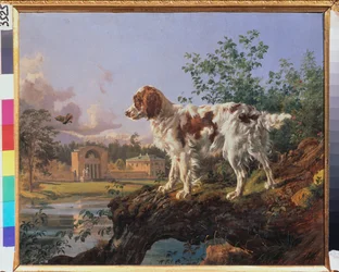 La propiedad Kuzminki. El tiovivo. Un perro en el paisaje. Obra de Johann Nepomuk Rauch (1804-1847), óleo sobre cartón