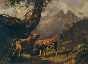 Toro persiguiendo a una vaca, en el paisaje de fondo cerca de Carrara