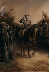 El general Lord Kitchener saluda mientras pasa a caballo ante los líderes bóeres, que permanecen de pie quitándose el sombrero, 1902