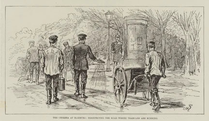 El cólera en Hamburgo, desinfectando la carretera donde circulan los tranvías