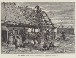 La hambruna en Rusia, campesinos tomando paja de los techos para alimentar al ganado