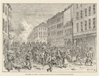 Los disturbios en Viena, húsares persiguiendo a la multitud en la Lerchenfelder-Strasse