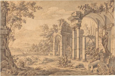 Paisaje con un dibujante entre ruinas antiguas