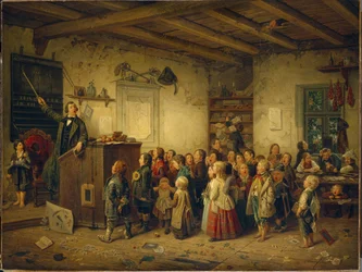 La enseñanza de Hieronymus Jobs. De la serie Jobsiada (enseñanza de H.Jobs. De la serie Jobsiada). La Jobsíada o Vida del Candidato a Teólogo Sr. Jobs, epopeya cómica alemana del Dr. Conrad Arnold Kortum (1745-1824). La escena representada aquí es la de un